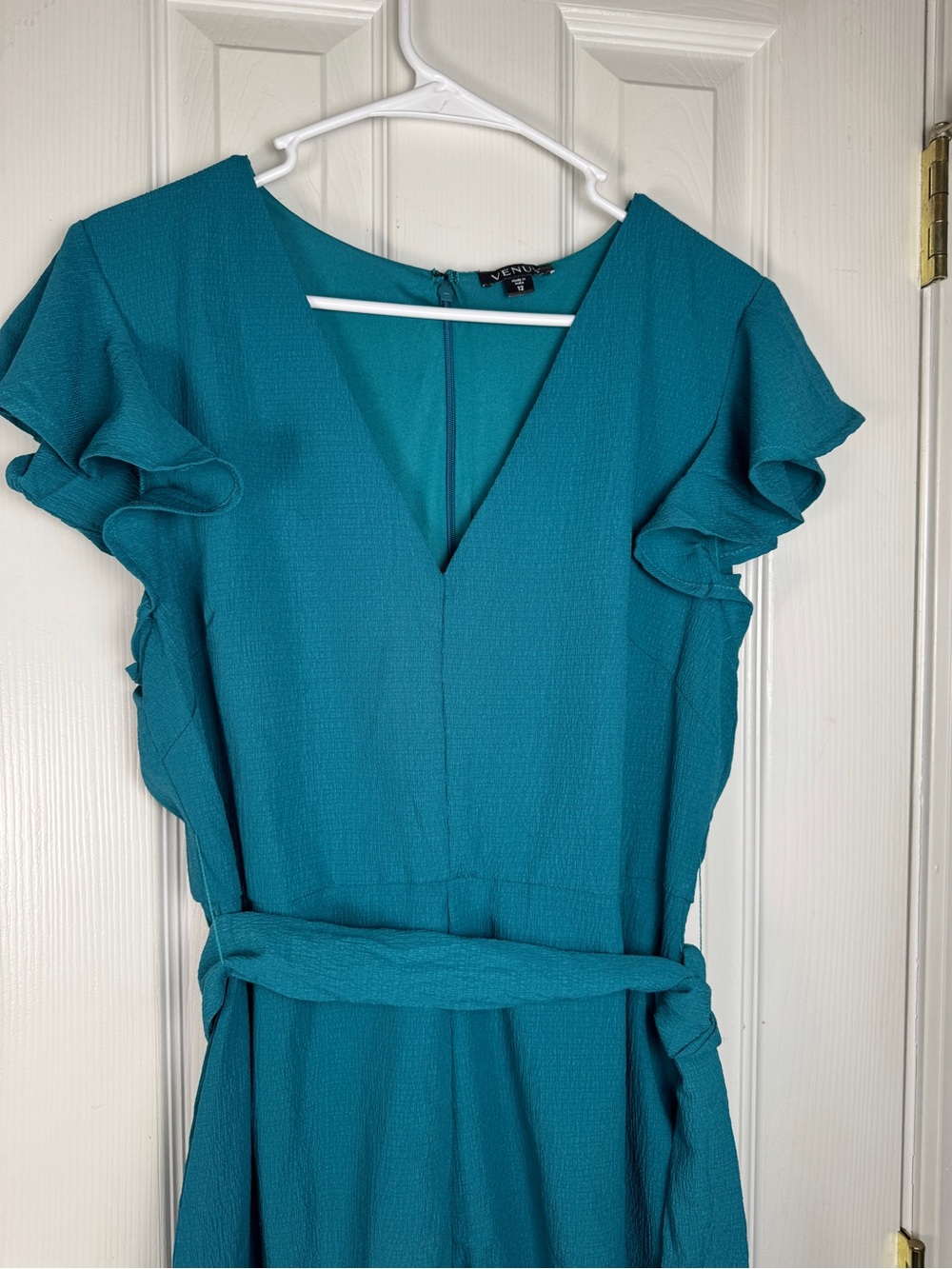 VENUS Teal Ruffle-Sleeve V-Neck  Romper Size 12 Stretch - Picture 6 of 14